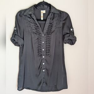 NWOT A Diva Black Ruffled Button Down Top Size S